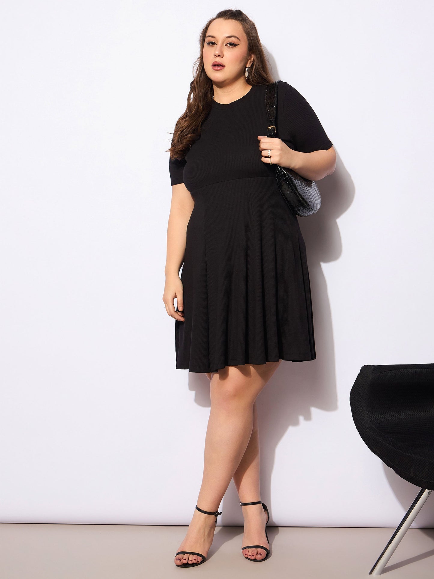 Black Rib Below Knee Skater Dress