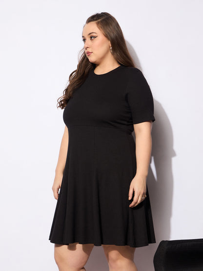 Black Rib Below Knee Skater Dress