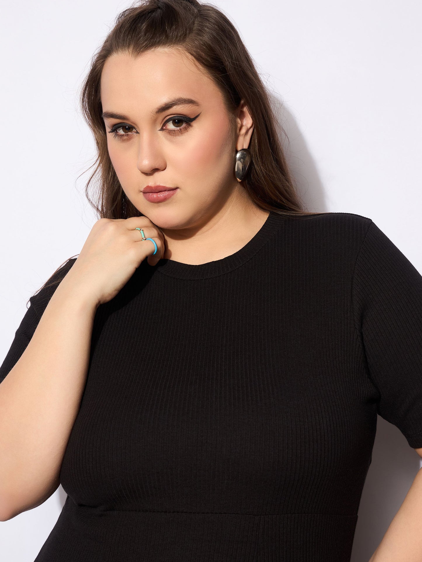 Black Rib Below Knee Skater Dress