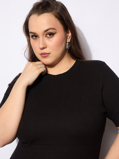 Black Rib Below Knee Skater Dress