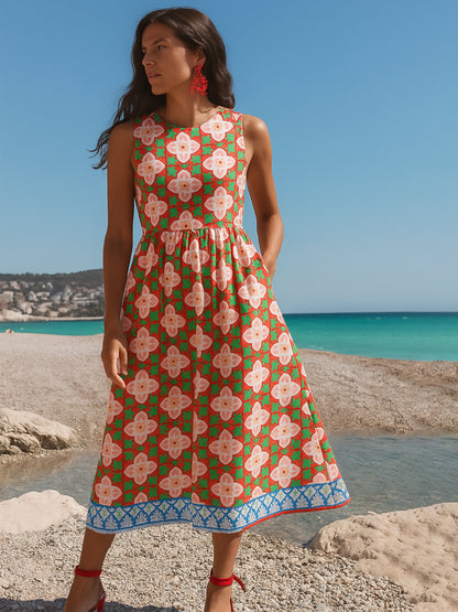 Red Floral Round Neck Sleeveless Midi Dress