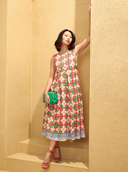 Red Floral Round Neck Sleeveless Midi Dress