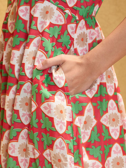 Red Floral Round Neck Sleeveless Midi Dress