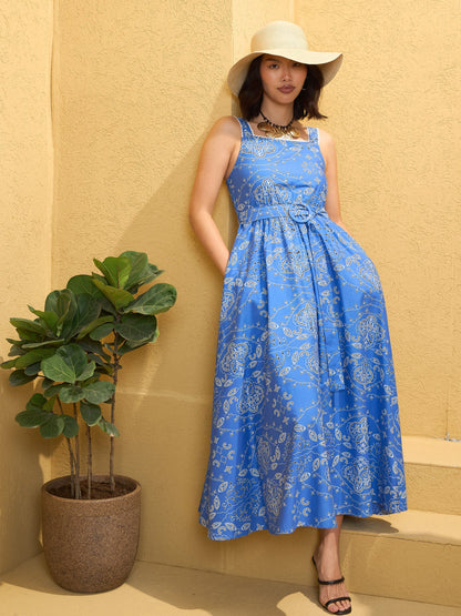 Women Blue Floral Strappy Midi Dress