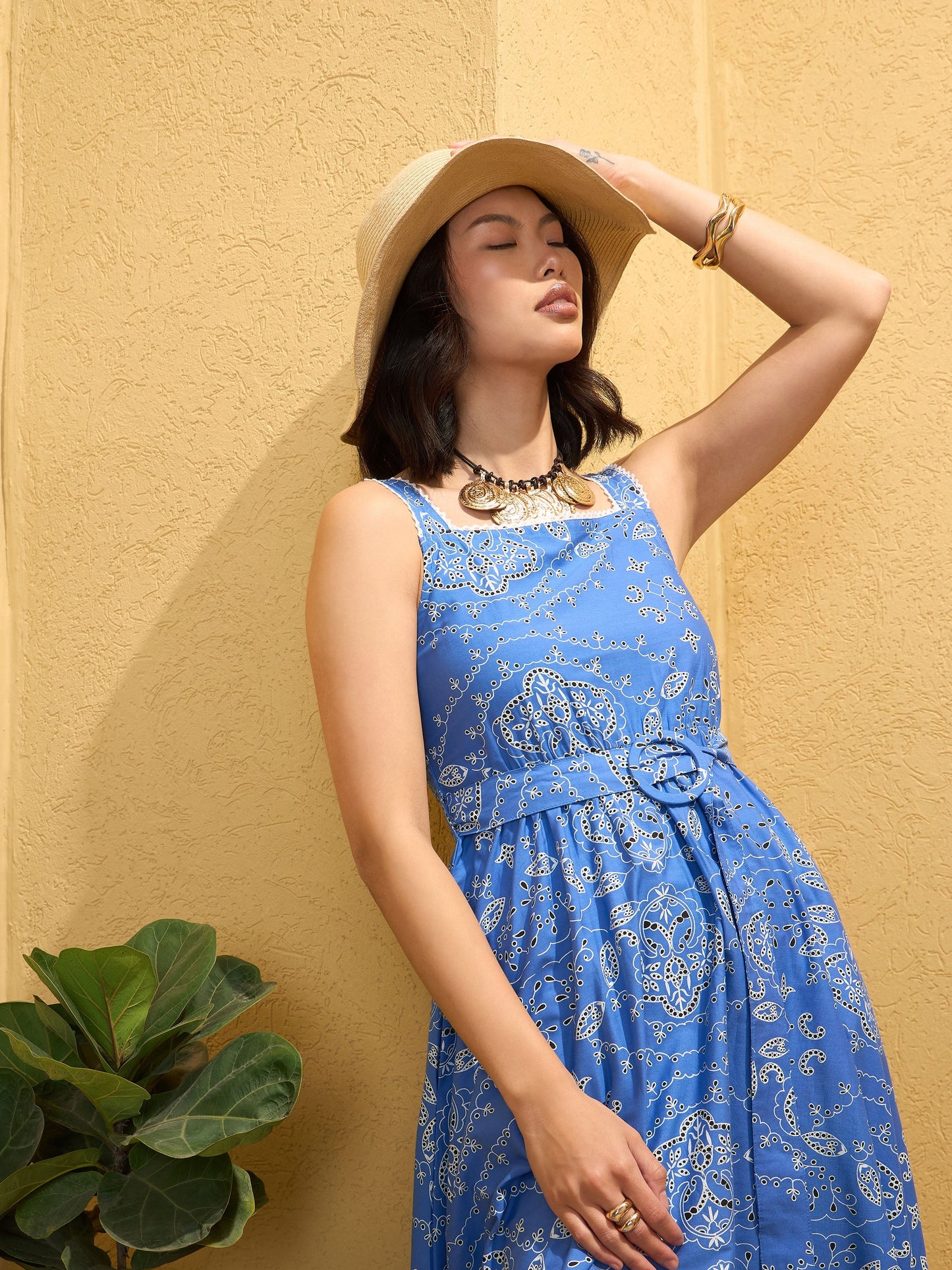 Women Blue Floral Strappy Midi Dress