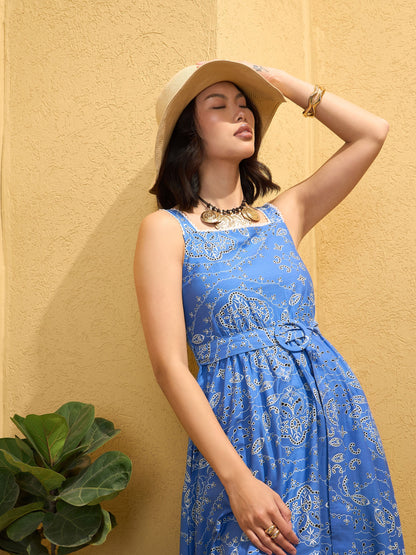 Women Blue Floral Strappy Midi Dress