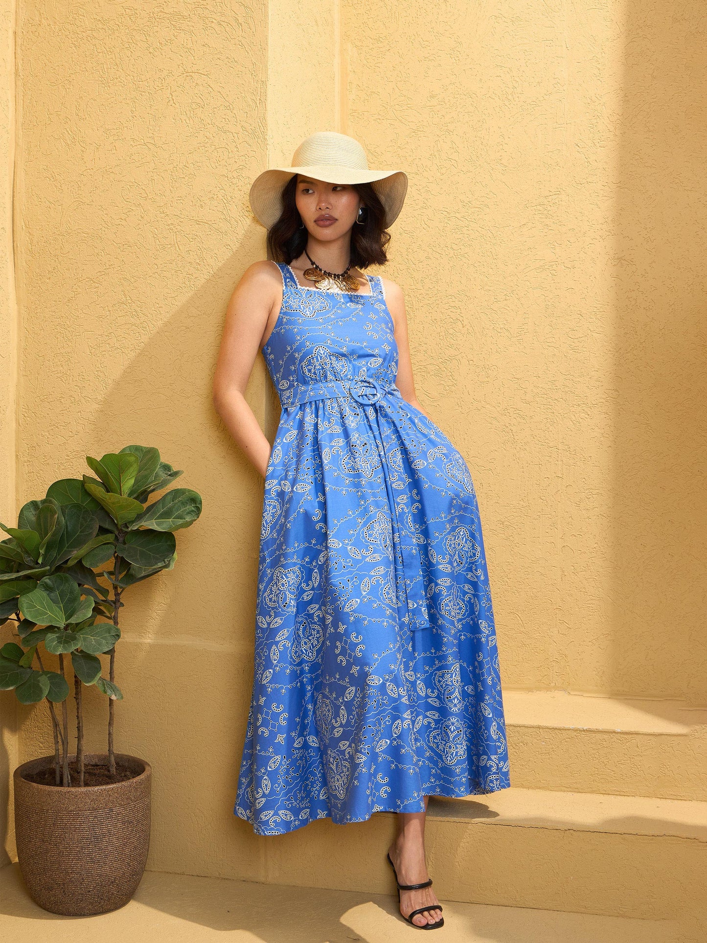 Women Blue Floral Strappy Midi Dress