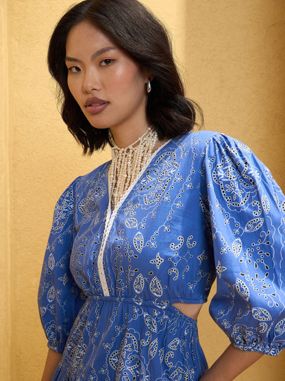 Women Blue Floral Side Cut Out Short Dress