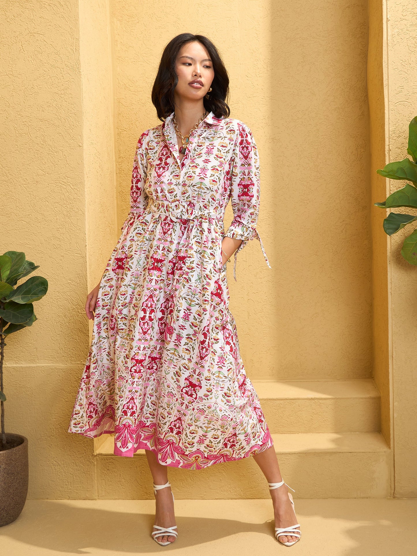 Women White Floral Front Button Belt Midi Dress