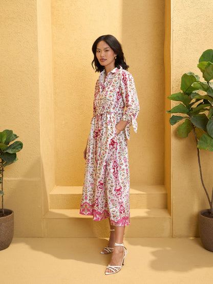 Women White Floral Front Button Belt Midi Dress