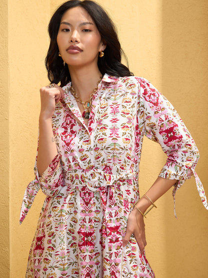 Women White Floral Front Button Belt Midi Dress