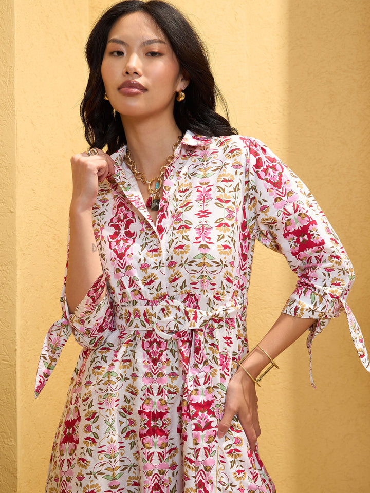Women White Floral Front Button Belt Midi Dress