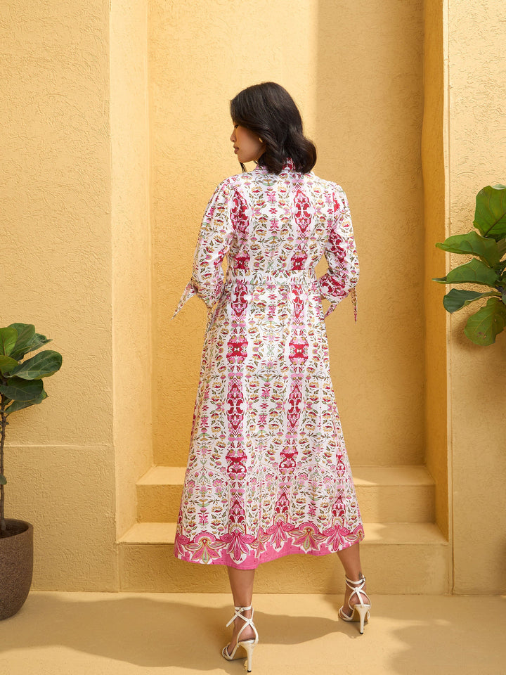 Women White Floral Front Button Belt Midi Dress
