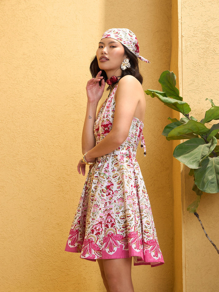 Women Pink &amp; White Floral Halter Neck Short Dress