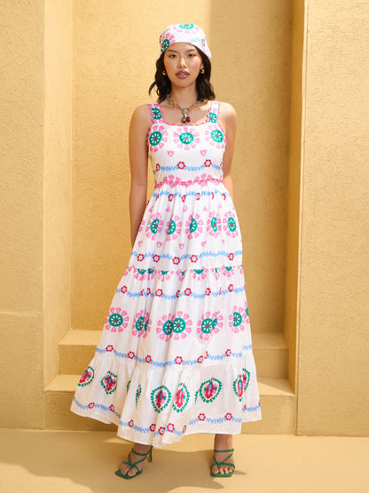 Women White Floral Strappy Tired Maxi Dress