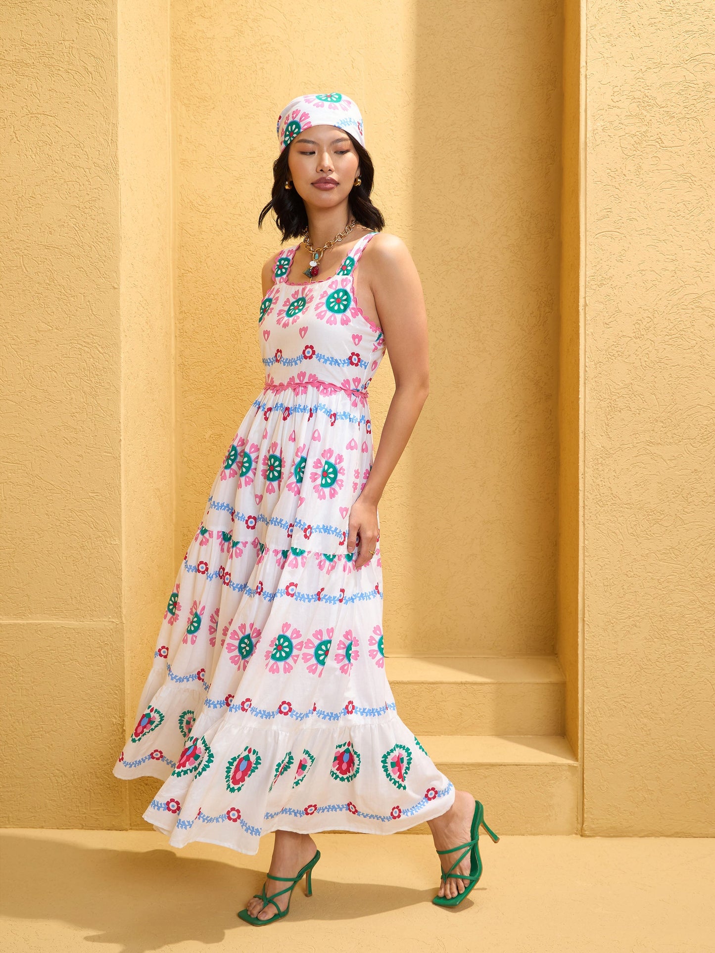 Women White Floral Strappy Tired Maxi Dress