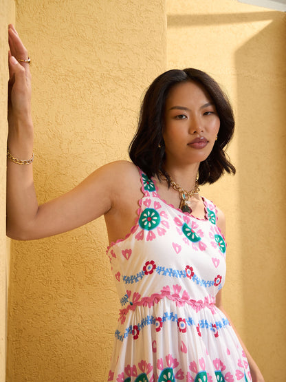 Women White Floral Strappy Tired Maxi Dress