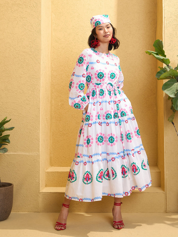 Women White Floral Round Neck Maxi Dress