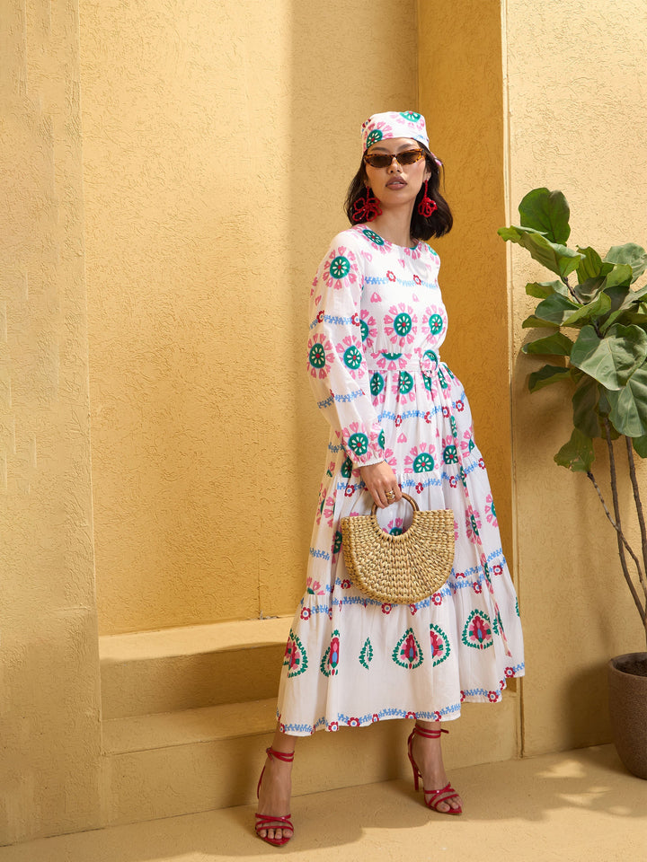 Women White Floral Round Neck Maxi Dress