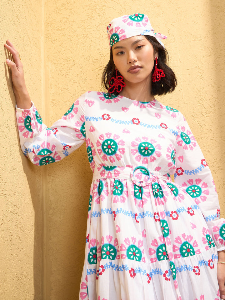 Women White Floral Round Neck Maxi Dress