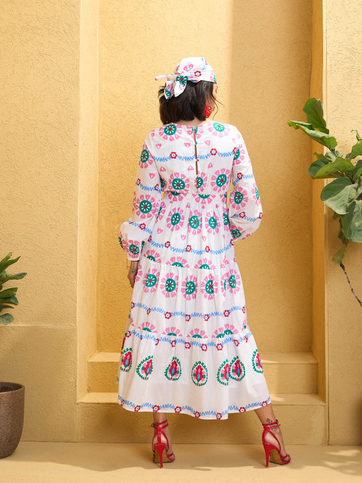 Women White Floral Round Neck Maxi Dress