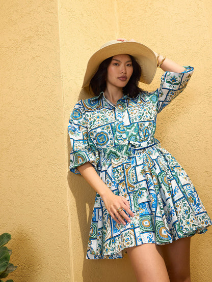 Women Blue & White Floral Flared Short Belt Shirt Dress