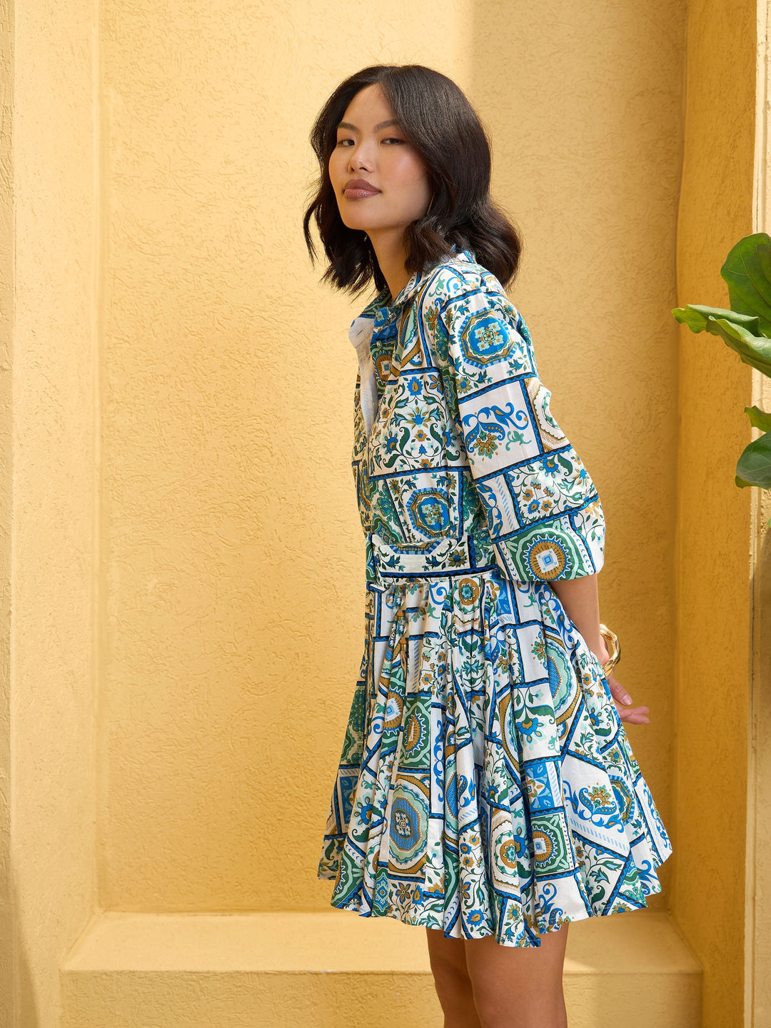 Women Blue &amp; White Floral Flared Short Belt Shirt Dress