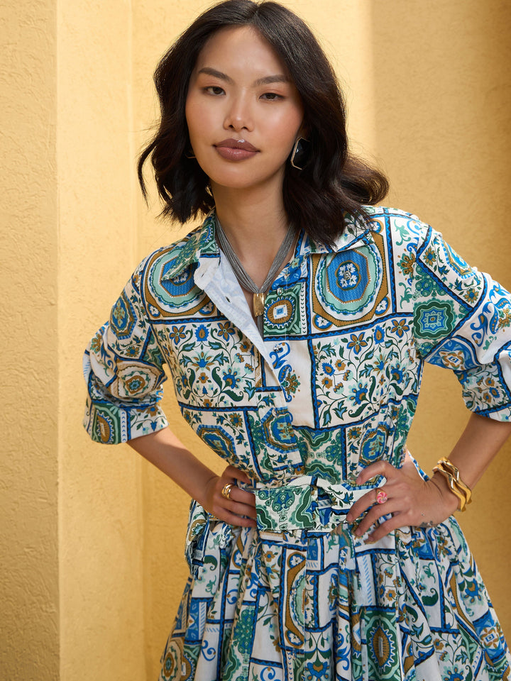 Women Blue &amp; White Floral Flared Short Belt Shirt Dress