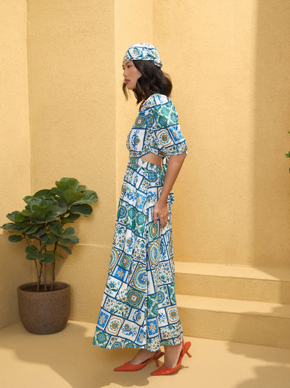 Blue & White Floral Back Cut Out Maxi Dress