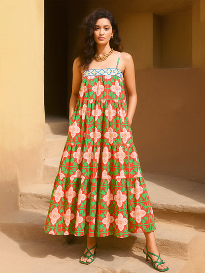 Women Red Floral Strappy Smocked Maxi Dress