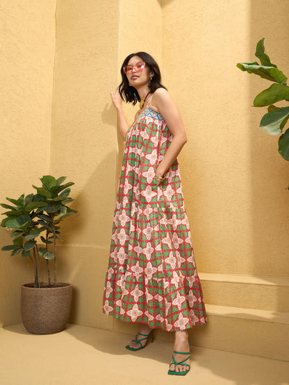 Women Red Floral Strappy Smocked Maxi Dress
