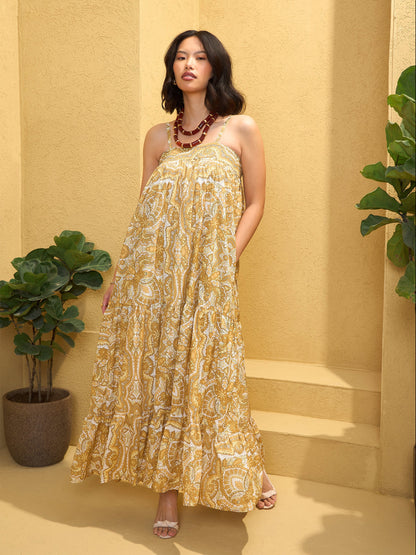 Women Yellow Floral Strappy Smocked Maxi Dress