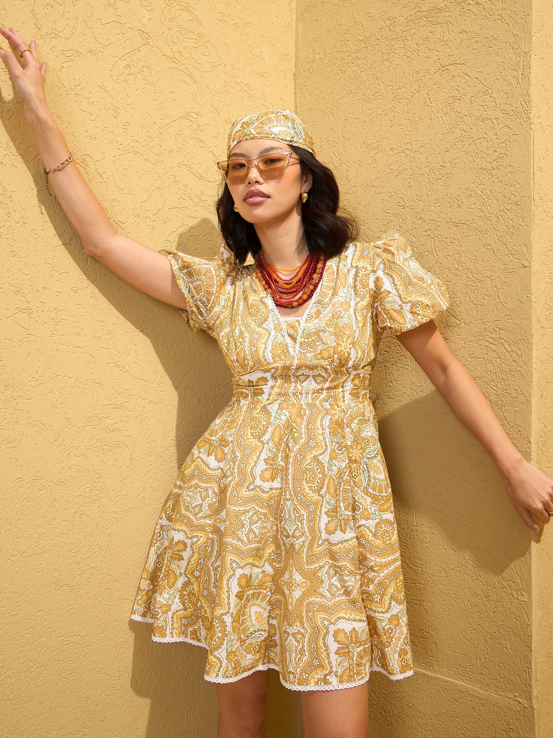 Women Yellow Floral V-Neck Short Dress
