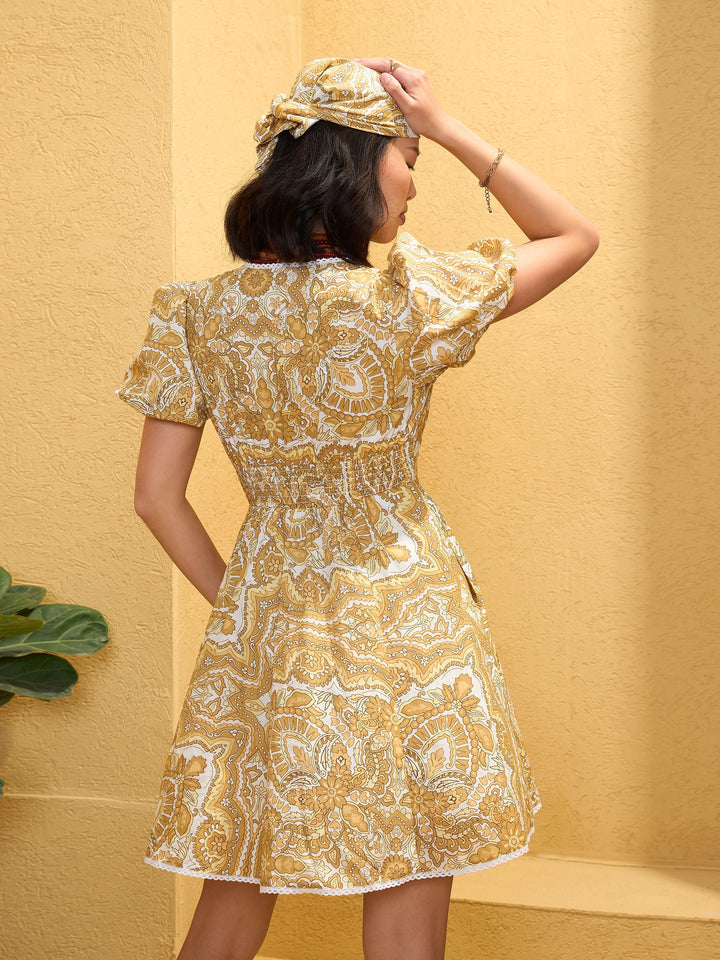 Women Yellow Floral V-Neck Short Dress