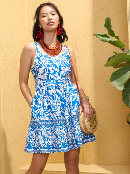Women Blue & White Strappy Short Flared Dress