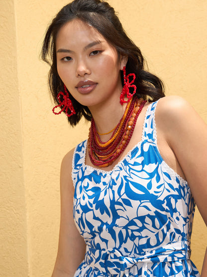 Women Blue & White Strappy Short Flared Dress