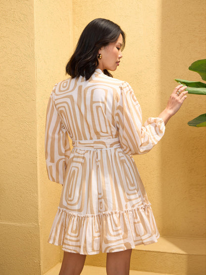 Women Beige & White Geometric Short Shirt Dress