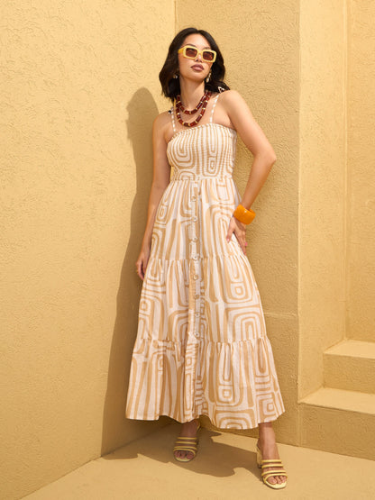 Beige & White Smocked Strappy Maxi Dress