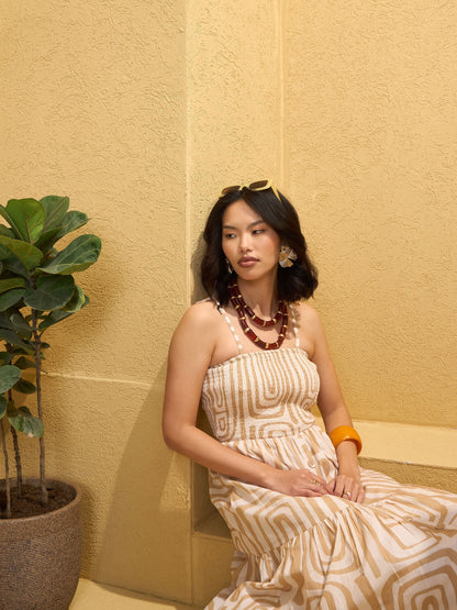 Beige & White Smocked Strappy Maxi Dress