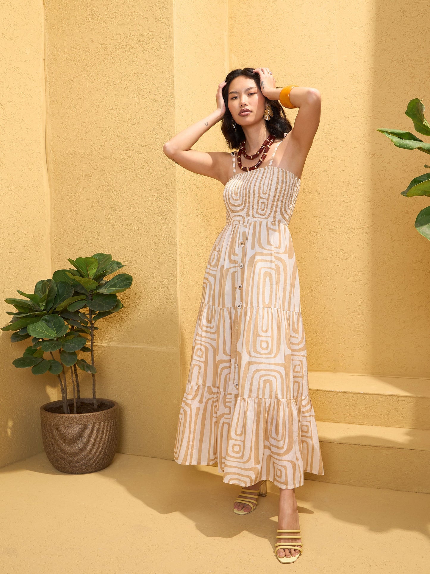 Beige & White Smocked Strappy Maxi Dress