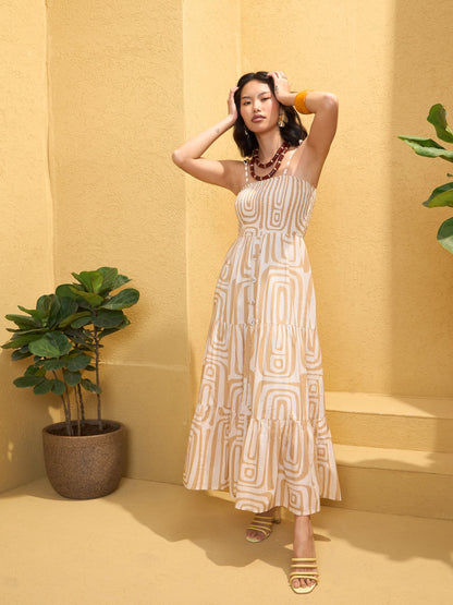 Beige & White Smocked Strappy Maxi Dress