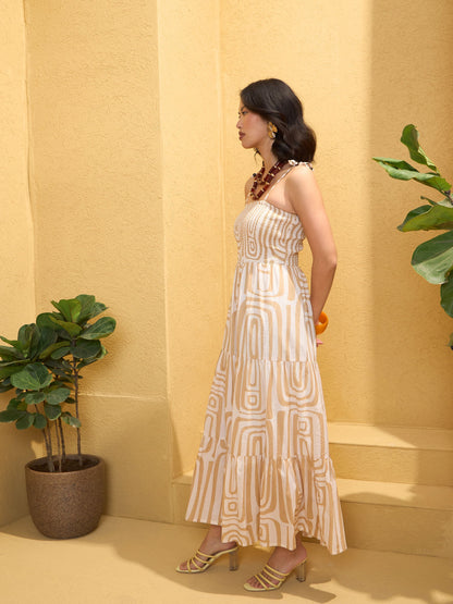 Beige & White Smocked Strappy Maxi Dress