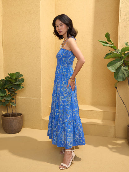 Blue Floral Smocked Strappy Maxi Dress