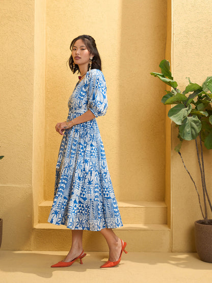 Blue & White Floral Flared Midi Dress