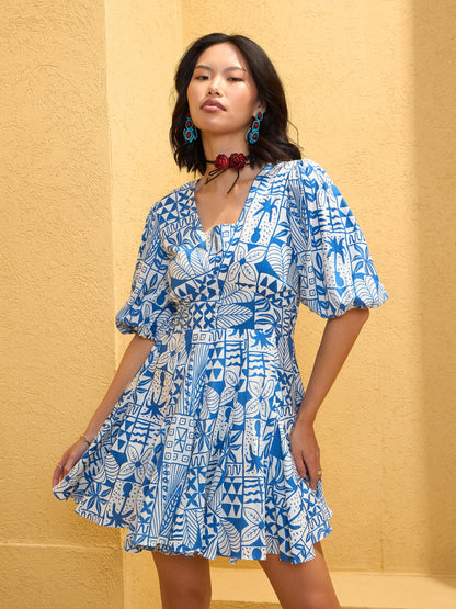 Women Blue & White Floral Smocked Short Flared Dress