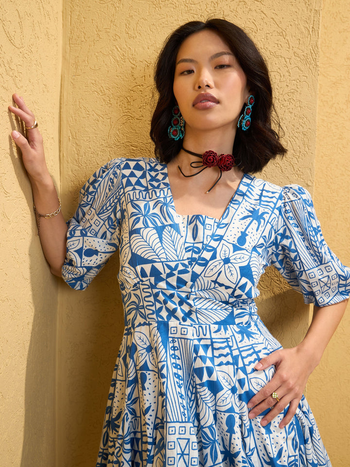 Women Blue &amp; White Floral Smocked Short Flared Dress