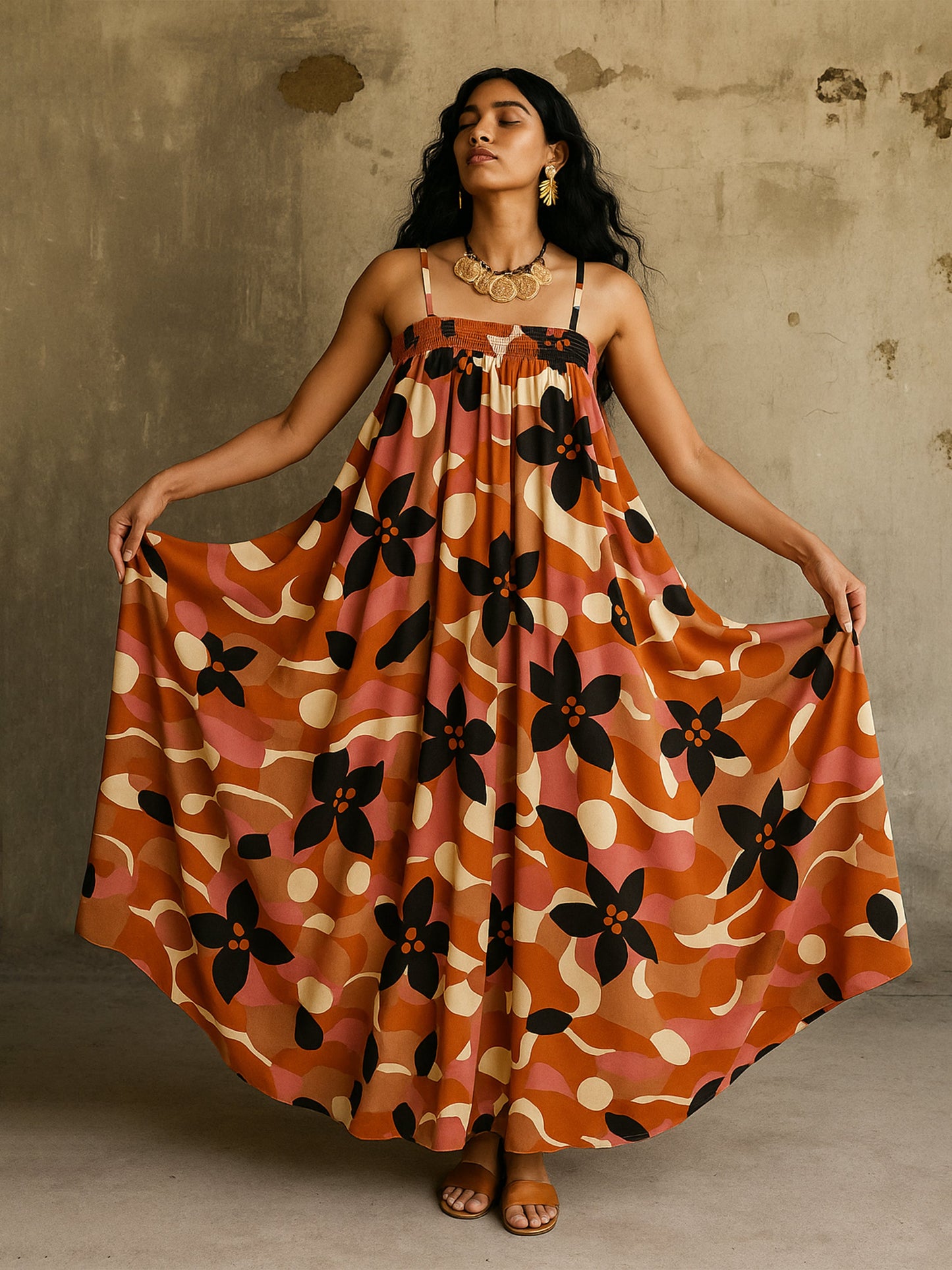 Brown Multi Floral Strappy Maxi Dress