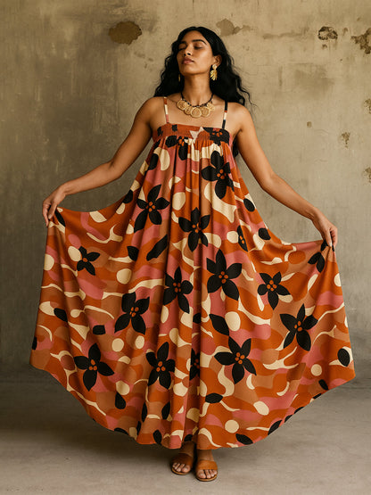 Brown Multi Floral Strappy Maxi Dress