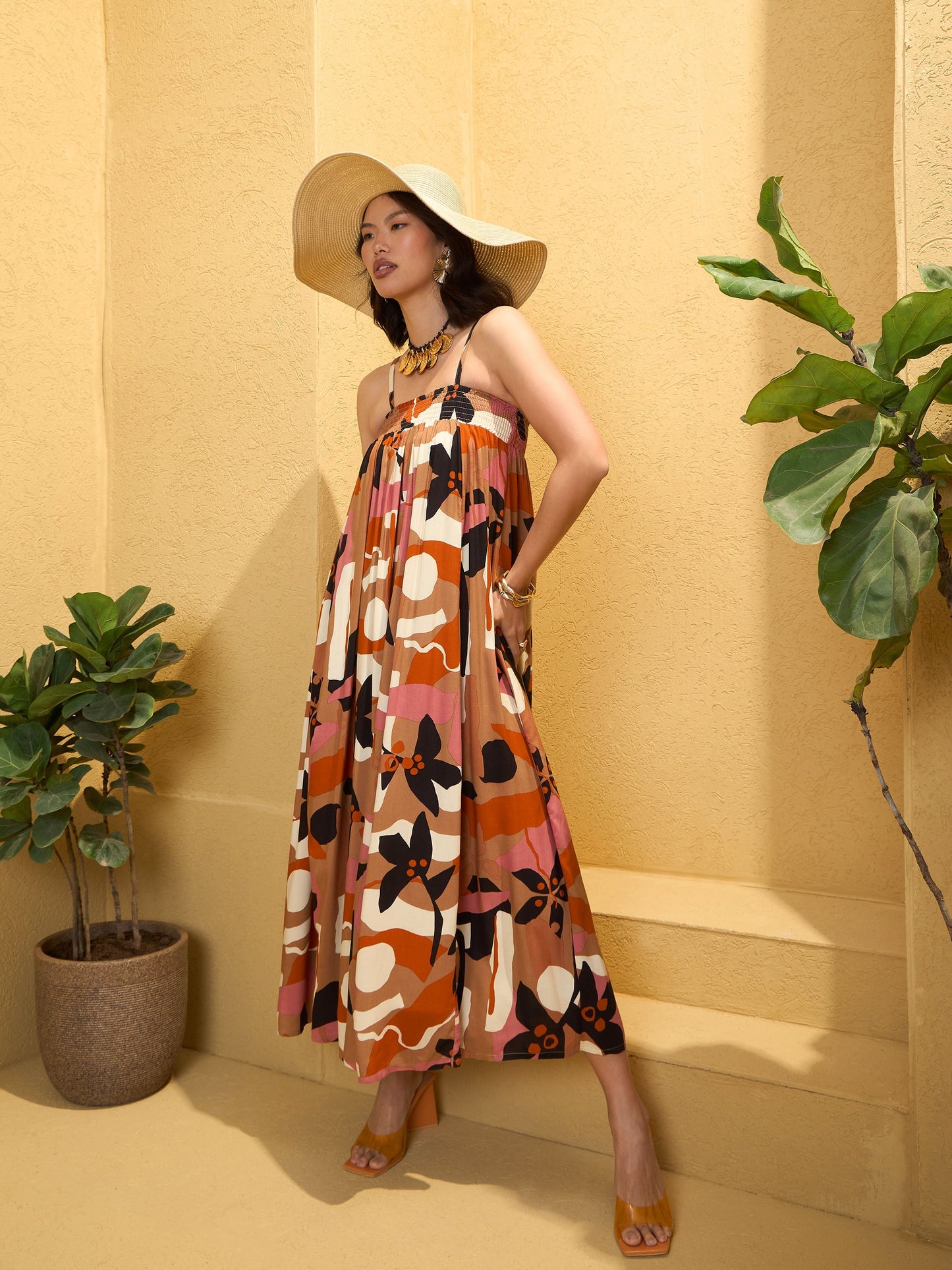 Brown Multi Floral Strappy Maxi Dress