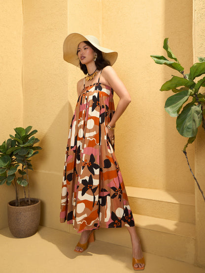 Brown Multi Floral Strappy Maxi Dress